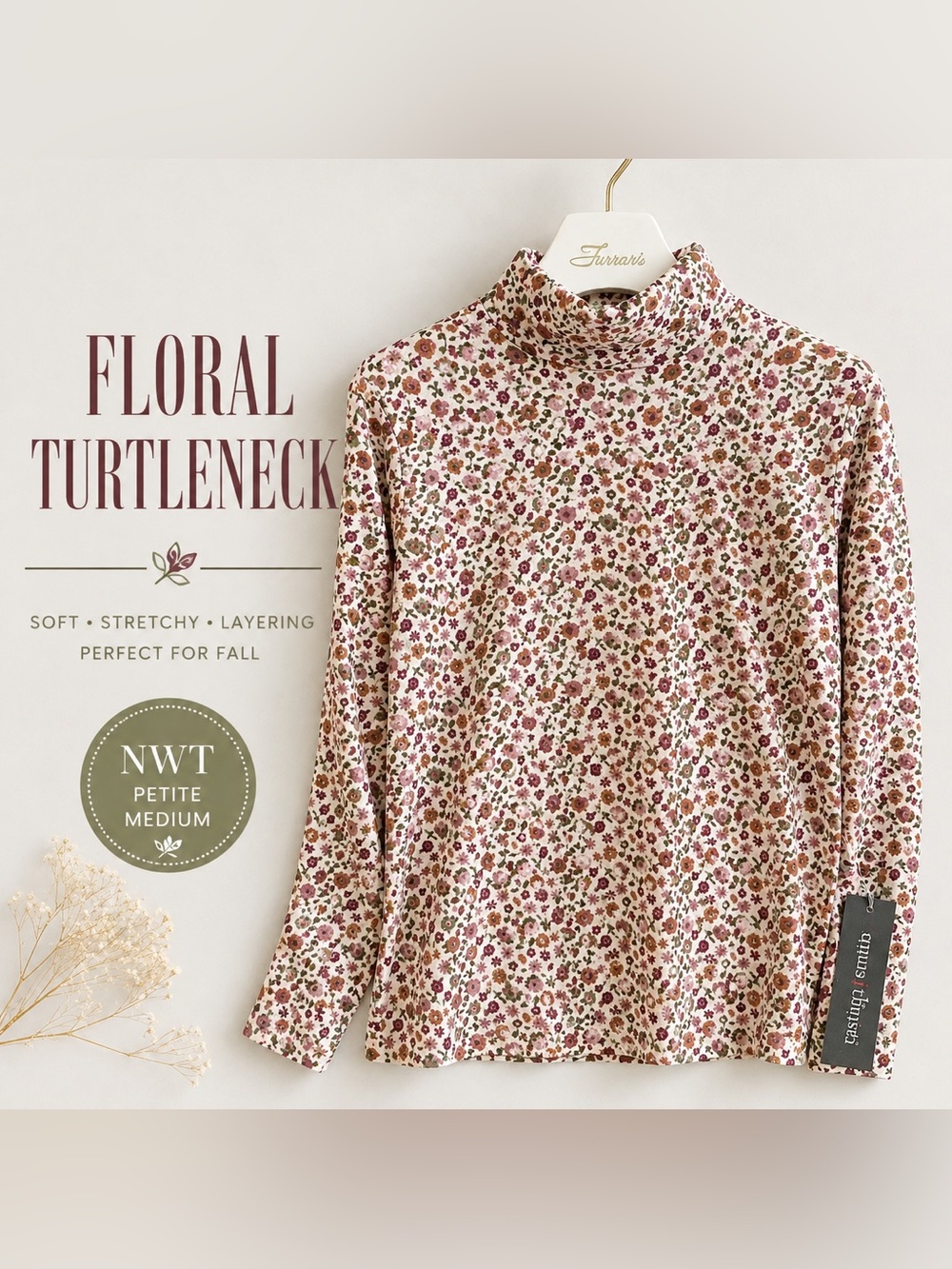 NWT Floral Turtleneck Top Petite Medium Cottagecore Fall Layering